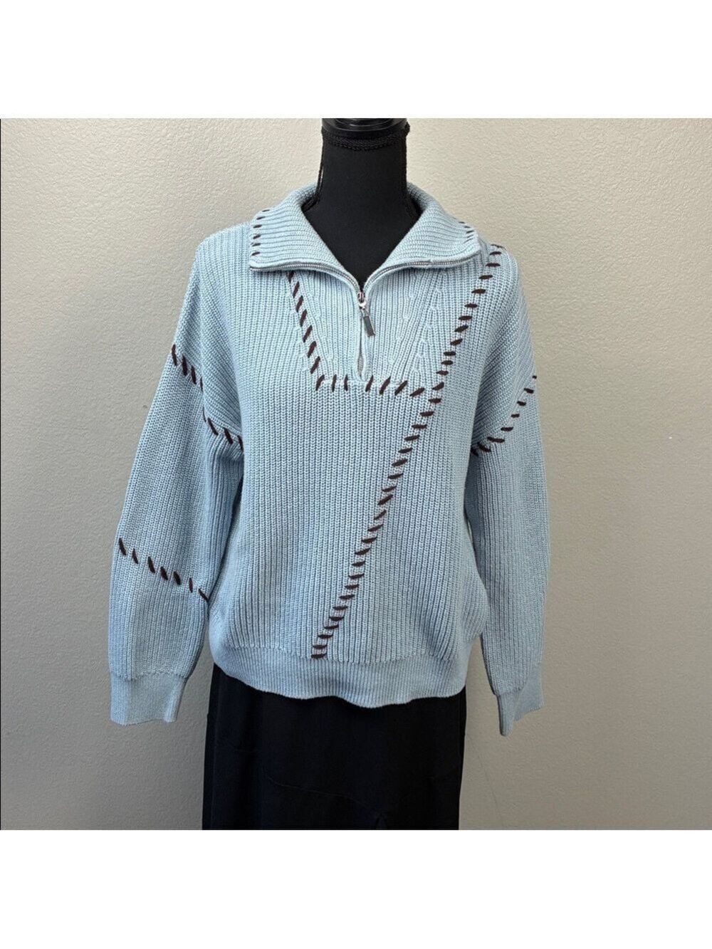 J. Society Sewed Up Sweater Ribbed Knit 1/4 Zip Cotton Blue/Brown Pullover L
